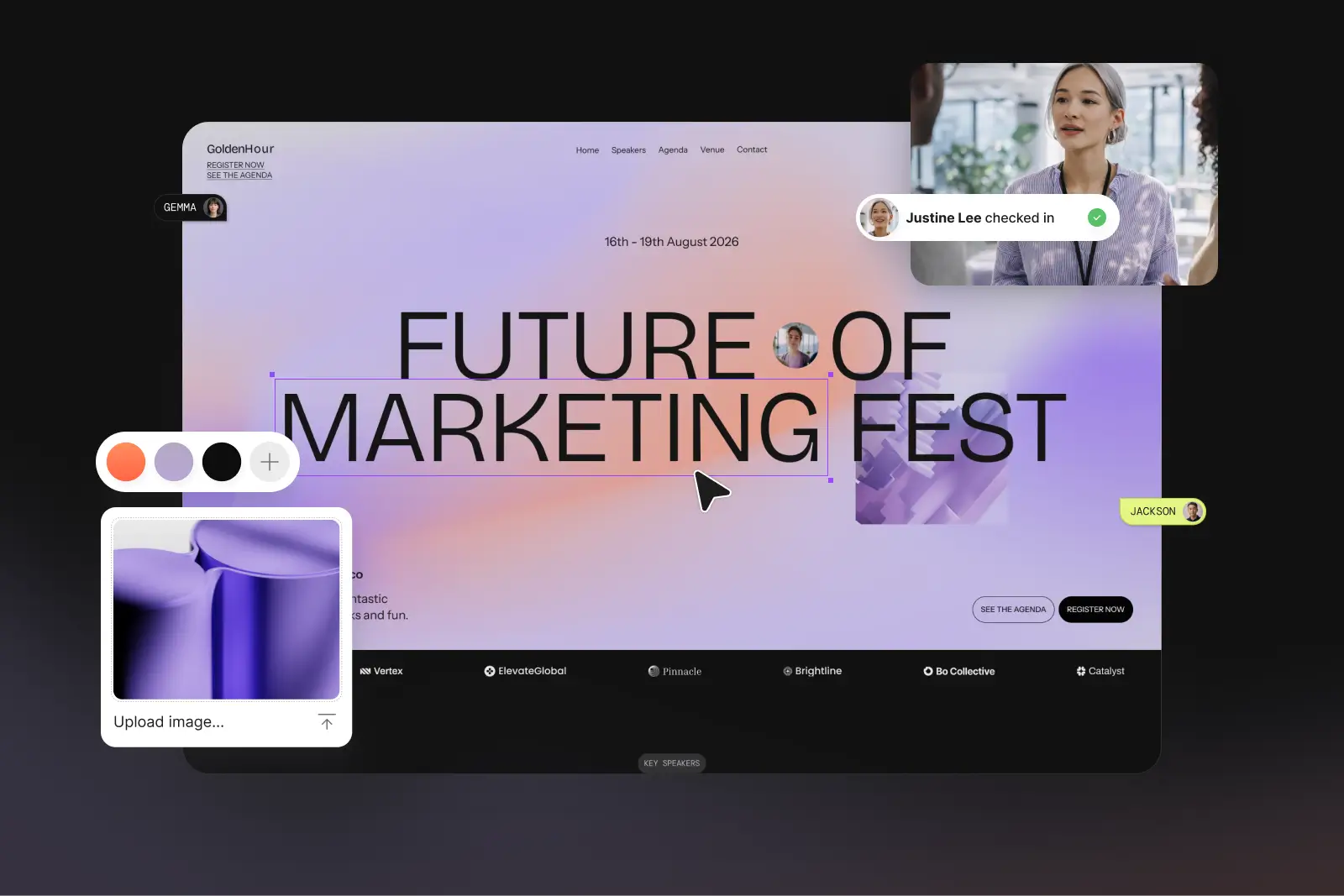 Event website builder with real-time team editing, theme customization, inline text editing and image upload