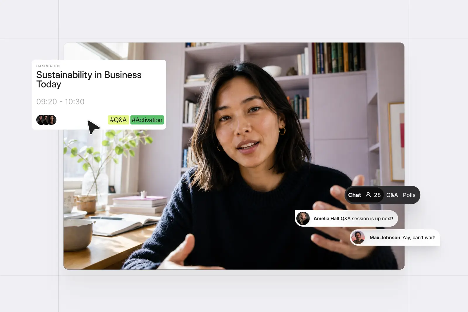 Virtual event with speaker video, audience chat, polls and agenda editor tools