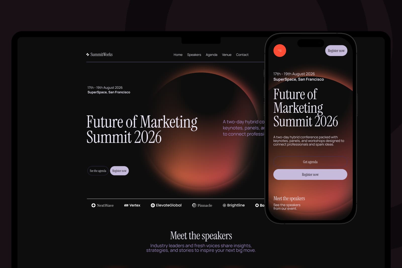 landing page of an event website