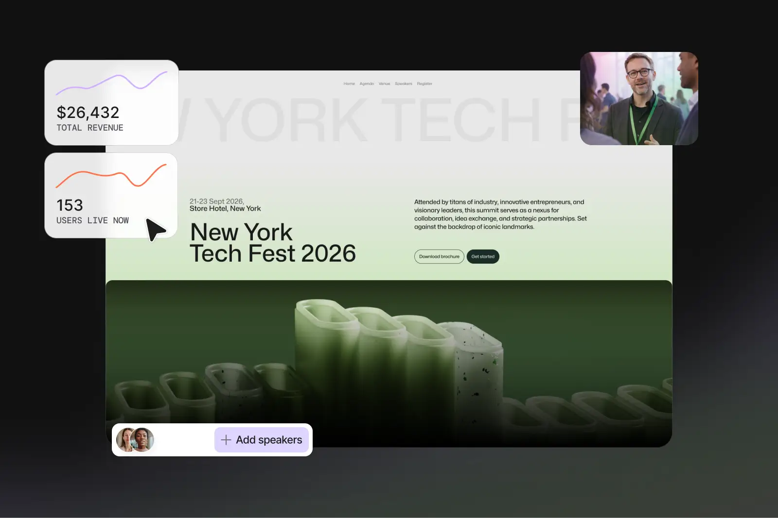 Event landing page with analytics dashboard, speaker management interface, attendees networking