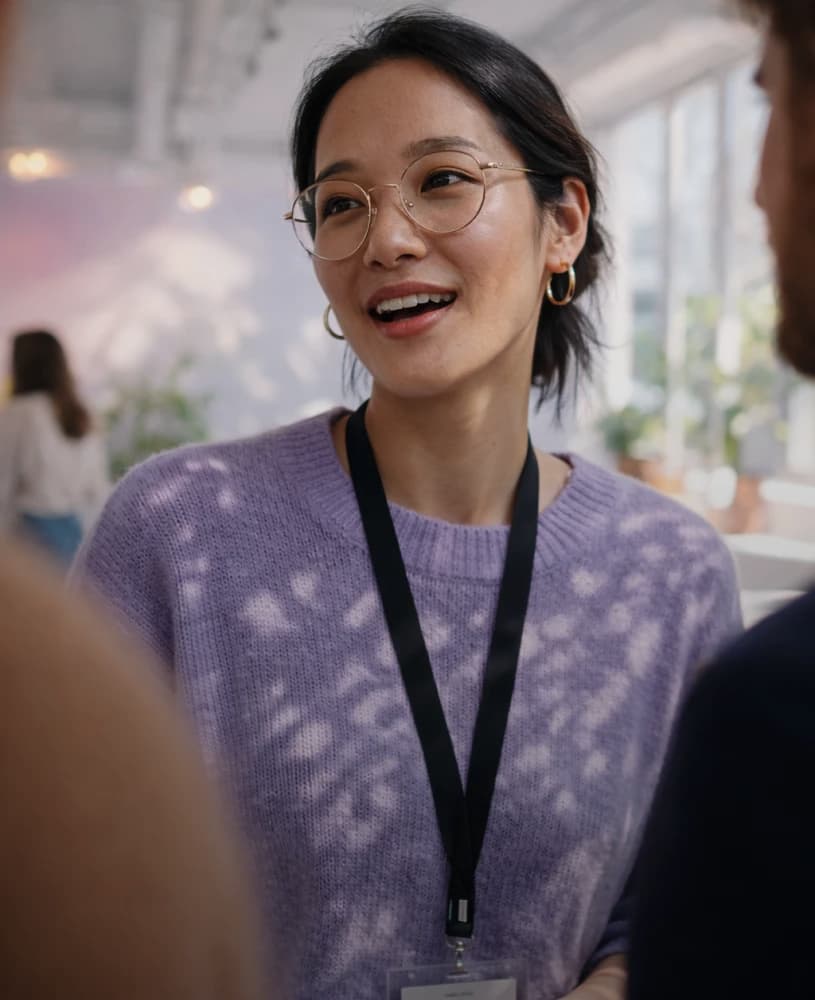 Attendee networking at live community event wearing badge